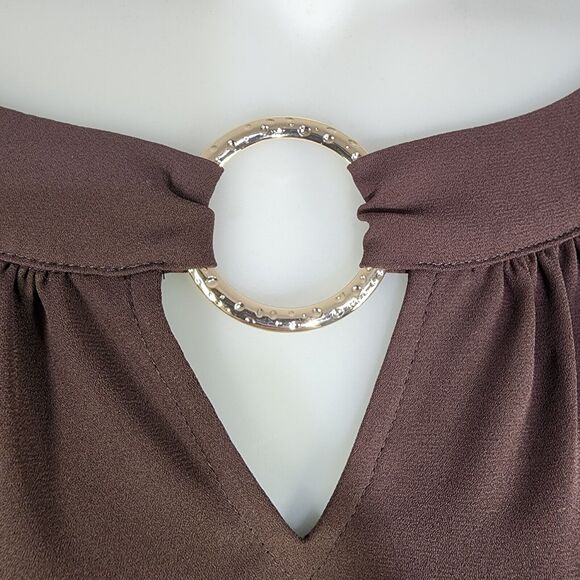 Chico's Womens Top Size 1 Medium Brown Asymmetrical Hem Grommet Cold Shoulder - Picture 7 of 14